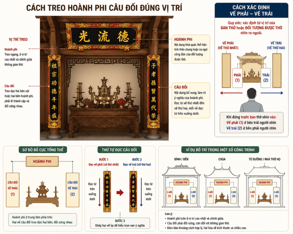 Sơ đồ tóm tắt cách treo hoành phi, câu đối