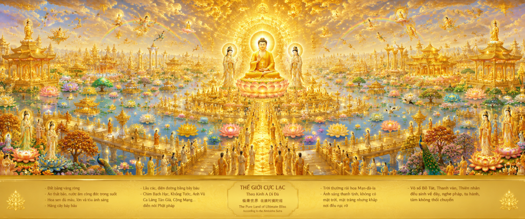 Toàn cảnh panorama của thế giới Cực Lạc theo Kinh A Di Đà